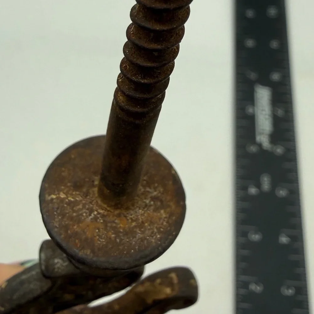 Antique Victorian Cast Iron Screw In Hook Geometric Relief Pattern Rusted Patina